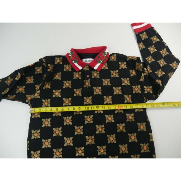 Reason NYC Long Sleeve Black Polo Shirt Facial Floral Pattern Print Mens Large - Picture 6 of 10